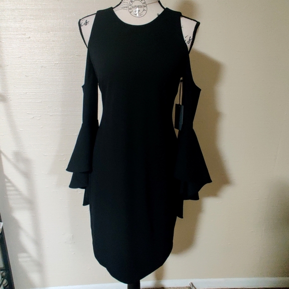 🆕 Vince Camuto Black Cold Shoulder Bell Sleeve Whimsigoth witchy Dress (XS) - Picture 3 of 10